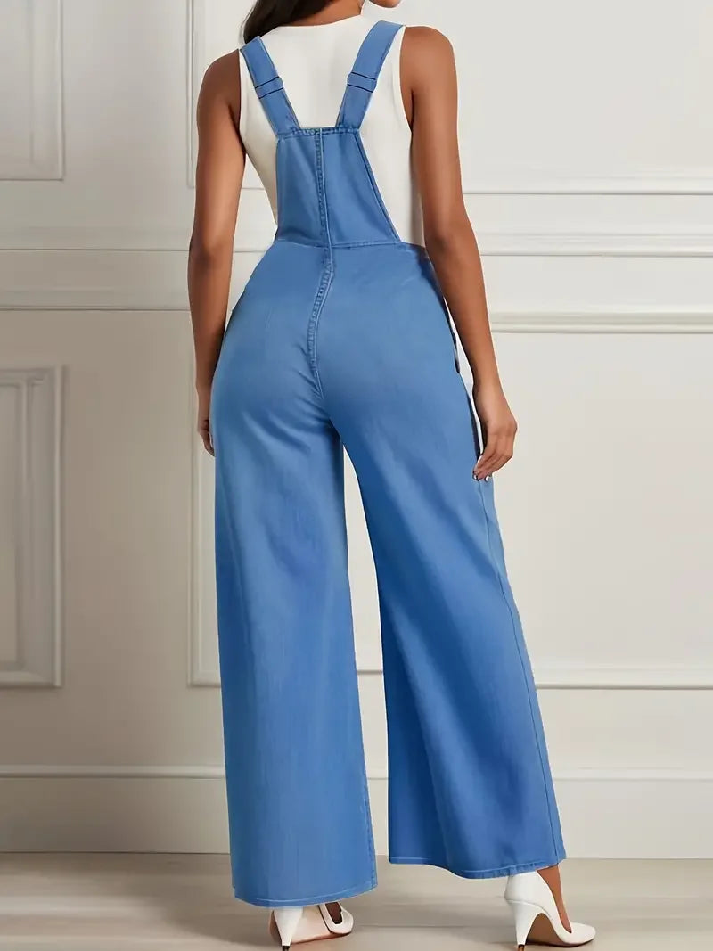 Women Fashion Big Pocket Denim Overalls Casual Wide Leg Jumpsuit Jeans