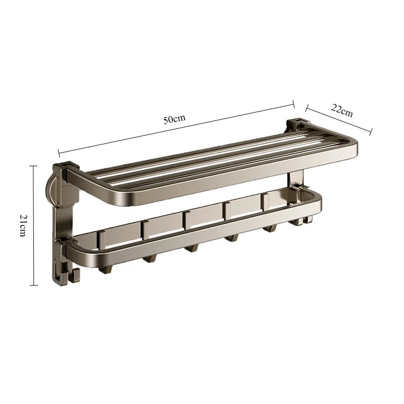 Bathroom Suction Cup Towel Rack, Wall Mounted Foldable Storage Rack, Non Perforated Aluminum Alloy Storage Bracket with Hooks