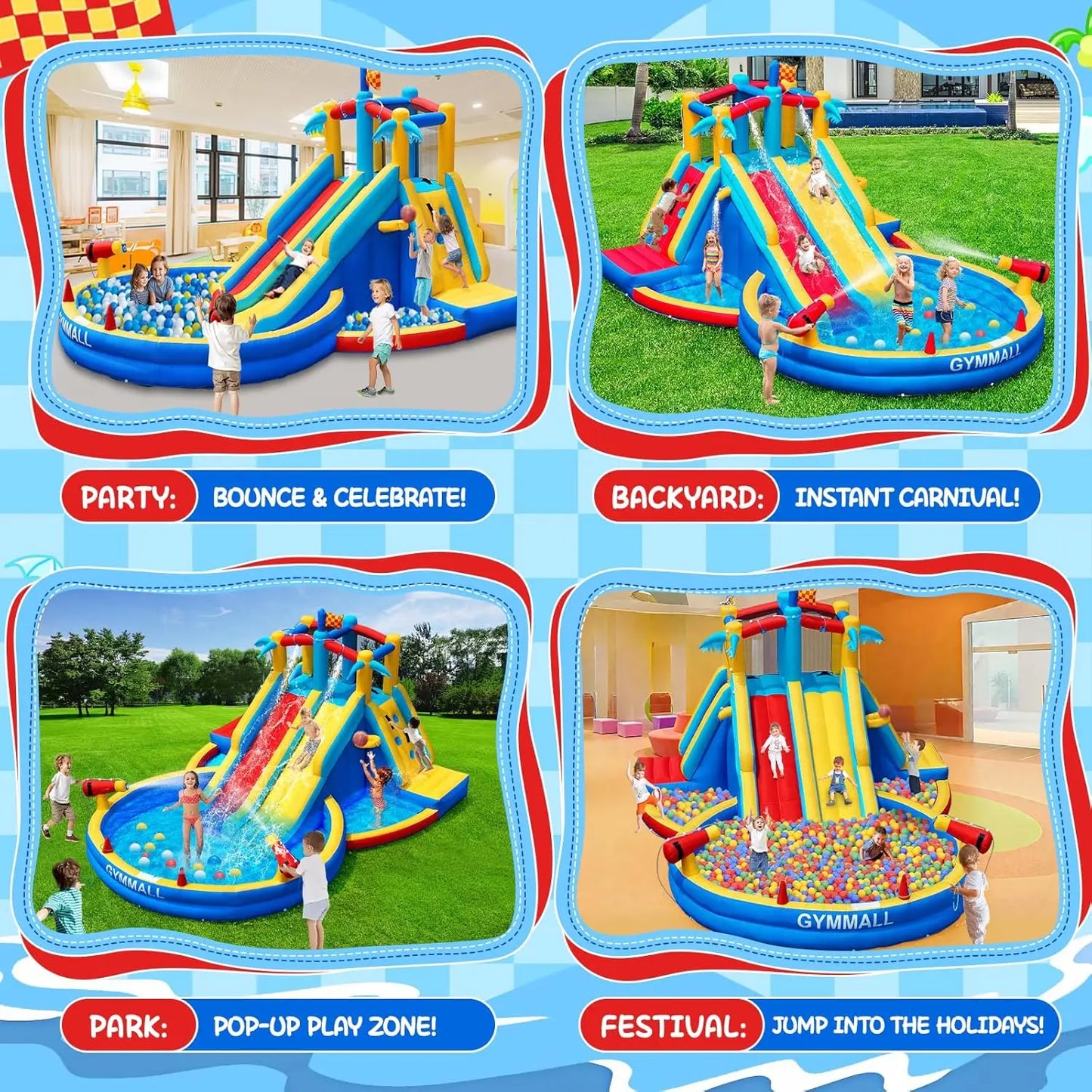 Inflatable Water Slide Bounce House with 550 W Blower, Blow up 8-in-1 Waterslide Park Bouncy Castle for Kids Outdoor and Indoor,