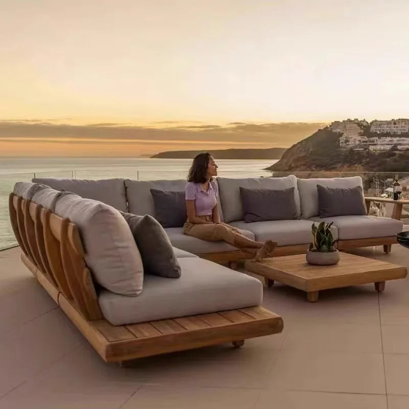 Outdoor Sofa, Full Teak Furniture Set, Rain and Sun Protection, Suitable for Gardens, Villas and Outdoor Swimming Pools