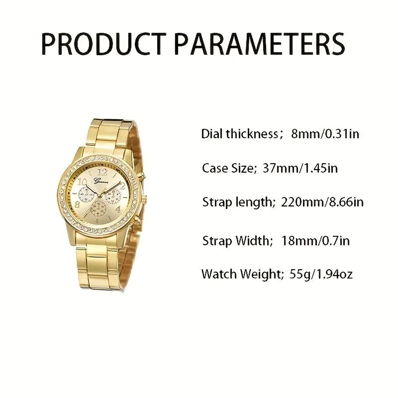 5pcs Quartz Watch Set Women Fashion Silver Round 3 Eyes Alloy Strap Watch Gift Rhinestone Watch Women Jewelry Set