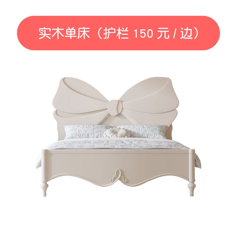 Girl Princess Bed French Cream Wind Children's Bed SingleWhite Bow Girls Full Solid Wood Bedroom