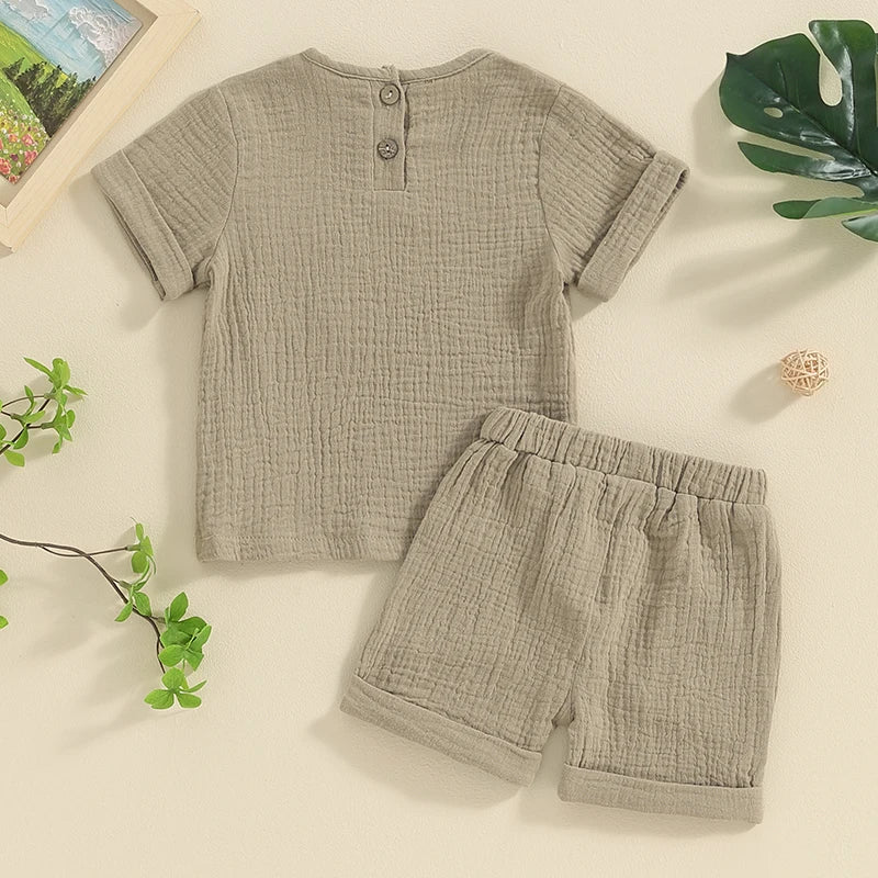 Newborn Baby Boys Summer Clothes Sets Solid Cotton Linen Pocket Short Sleeve T-shirts+Button Pocket Shorts Beach Casual Outfits
