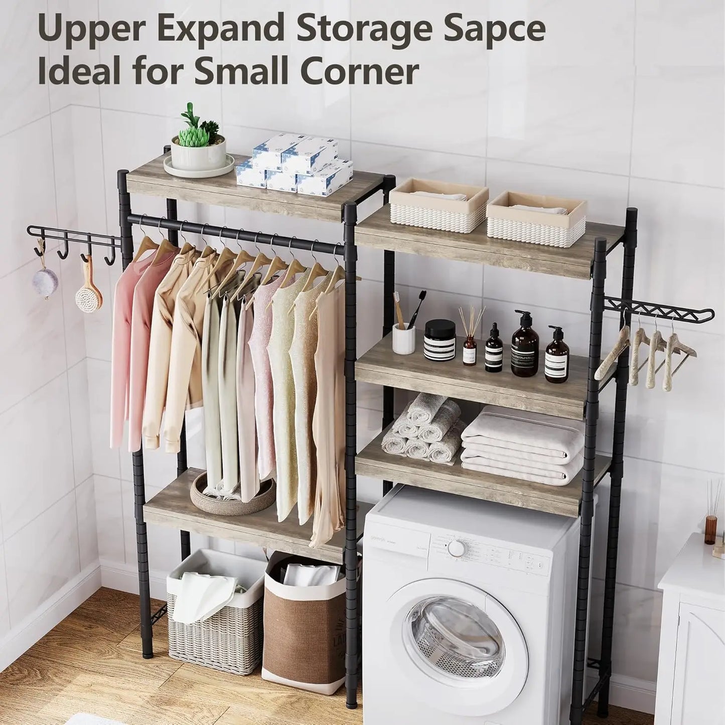 5-Tier Wood Over The Washer and Dryer Storage Shelf-Laundry Room Organization Space Saving Laundry Drying Clothes Racks For Home