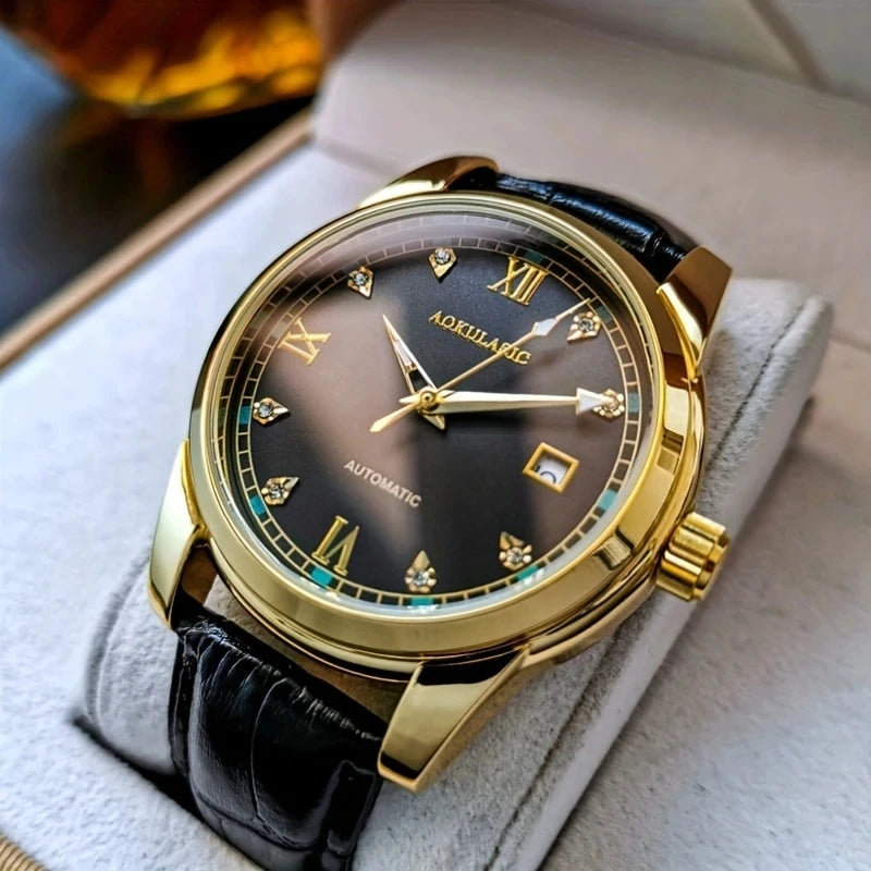 Men's Casual Mechanical Watch with Date Display - Alloy Case, Hollow Design, Leather Strap, Automatic Winding, Suitable for Business and Daily Wear, Daily Watch Casual Style Watch, No Battery, Gift for His Best
