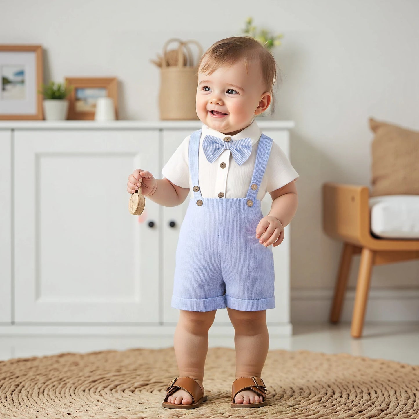 Baby Boy Gentleman Outfit Solid Color Short Sleeve Lapel Neck Romper with Stripe Suspender Shorts Bowtie Boys Summer Clothes