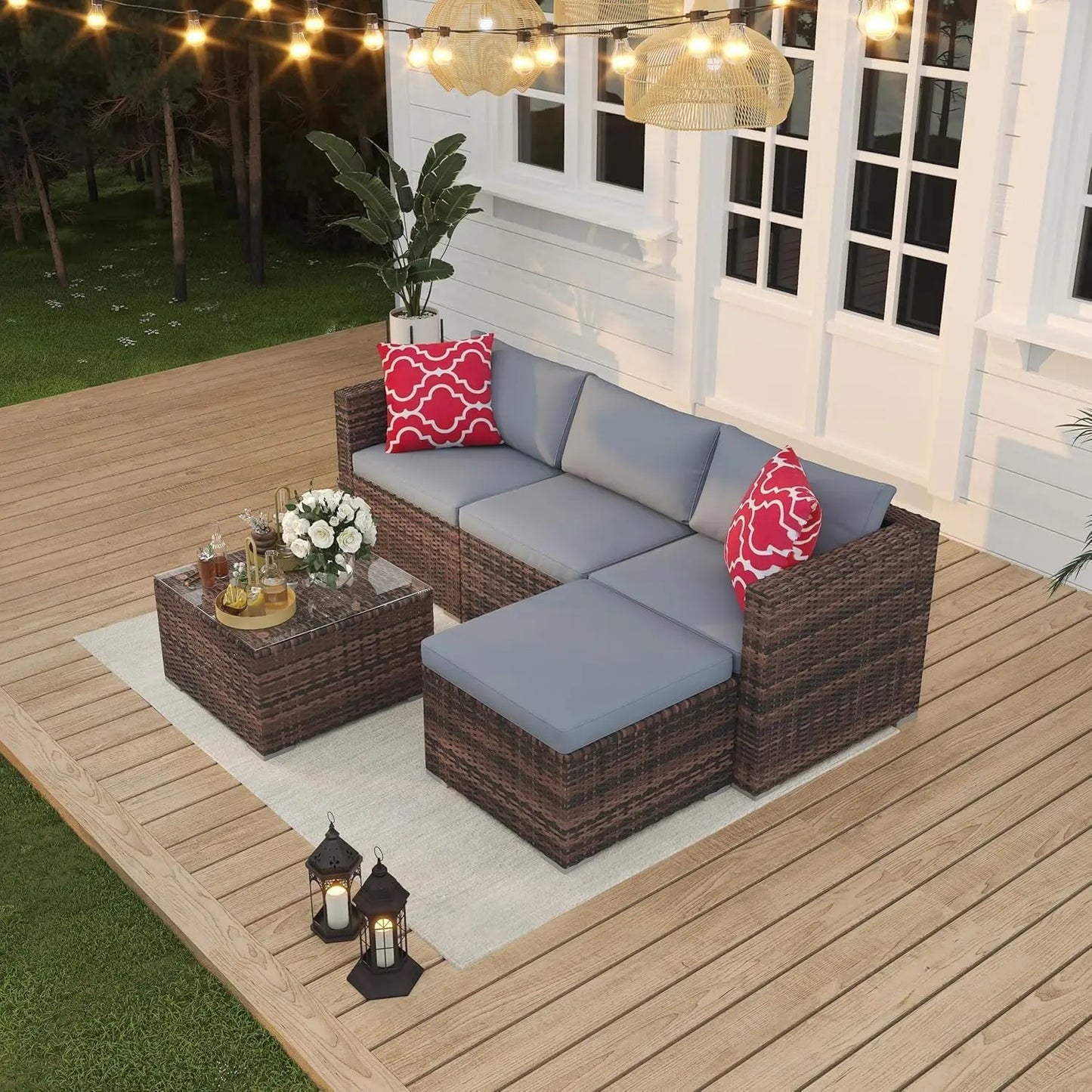 5-Piece Outdoor PE Wicker Patio Furniture Set, Water-Resistant Sectional Sofa With Plush Cushions, Tempered Glass Coffee Table &