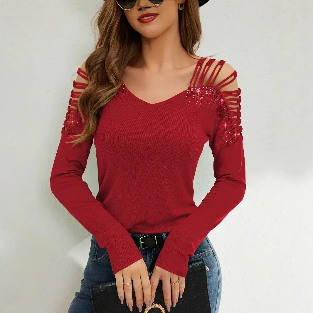 Lace splicing rhinestone V-neck long sleeved women's T-shirt sports women's round neck hollowed out shoulder long sleeved shirt