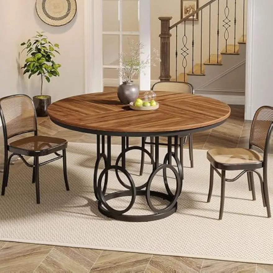 Round Dining Table, Wood Kitchen Table with Sturdy Metal Base, Large Circle Dinner Table for Dining Room, Kitchen, Living Room