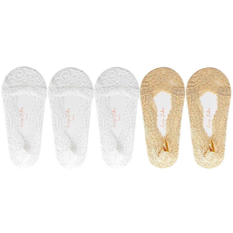 5 Pairs/Lot Socks Women's Ankle Short No-Show Invisible Foot Summer Thin Cotton Set White Low Cut Boat Lace Silicone Non-Slip