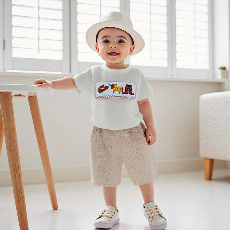2025-02-19 Lioraitiin Toddler Baby Boy Western Outfit Cattle Short Sleeve Tops Printed Elastic Waist Shorts Summer Set