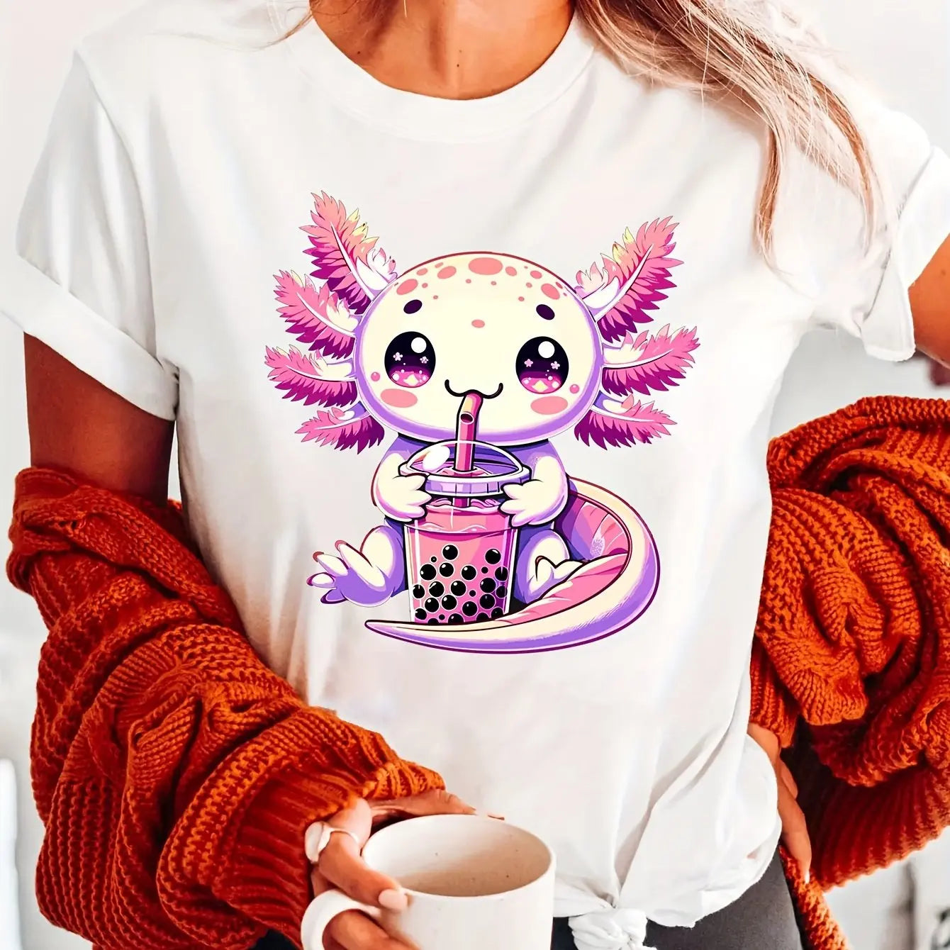 Axolotl Print Crew Neck T-shirt Short Sleeve Casual Top for Summer & Spring Women's Clothing Spring Women's Clothing