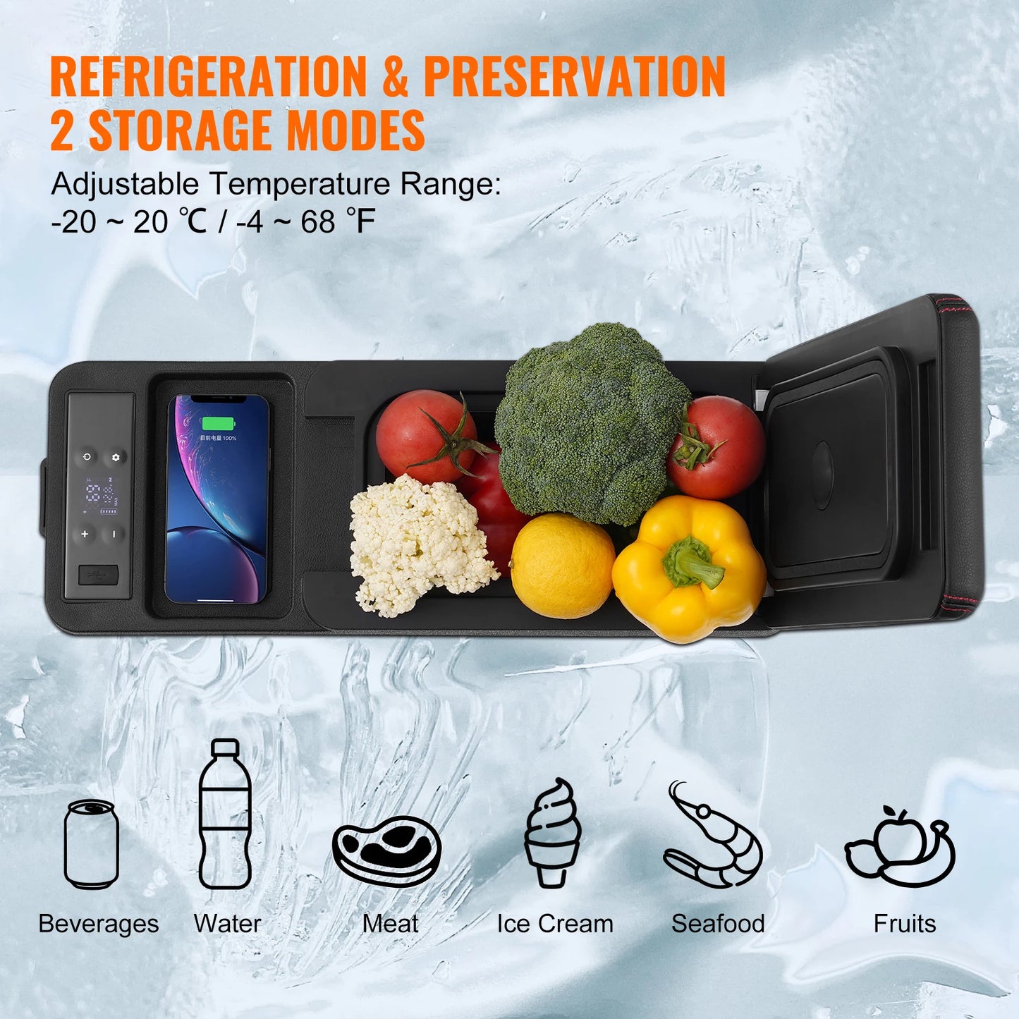 VEVOR 8L Car RefrigeratorCar Armrest Refrigerator Fridge 8L Single Zone Freezer -4℉-68℉ Adjustable Range 12/24V DC and Cooler