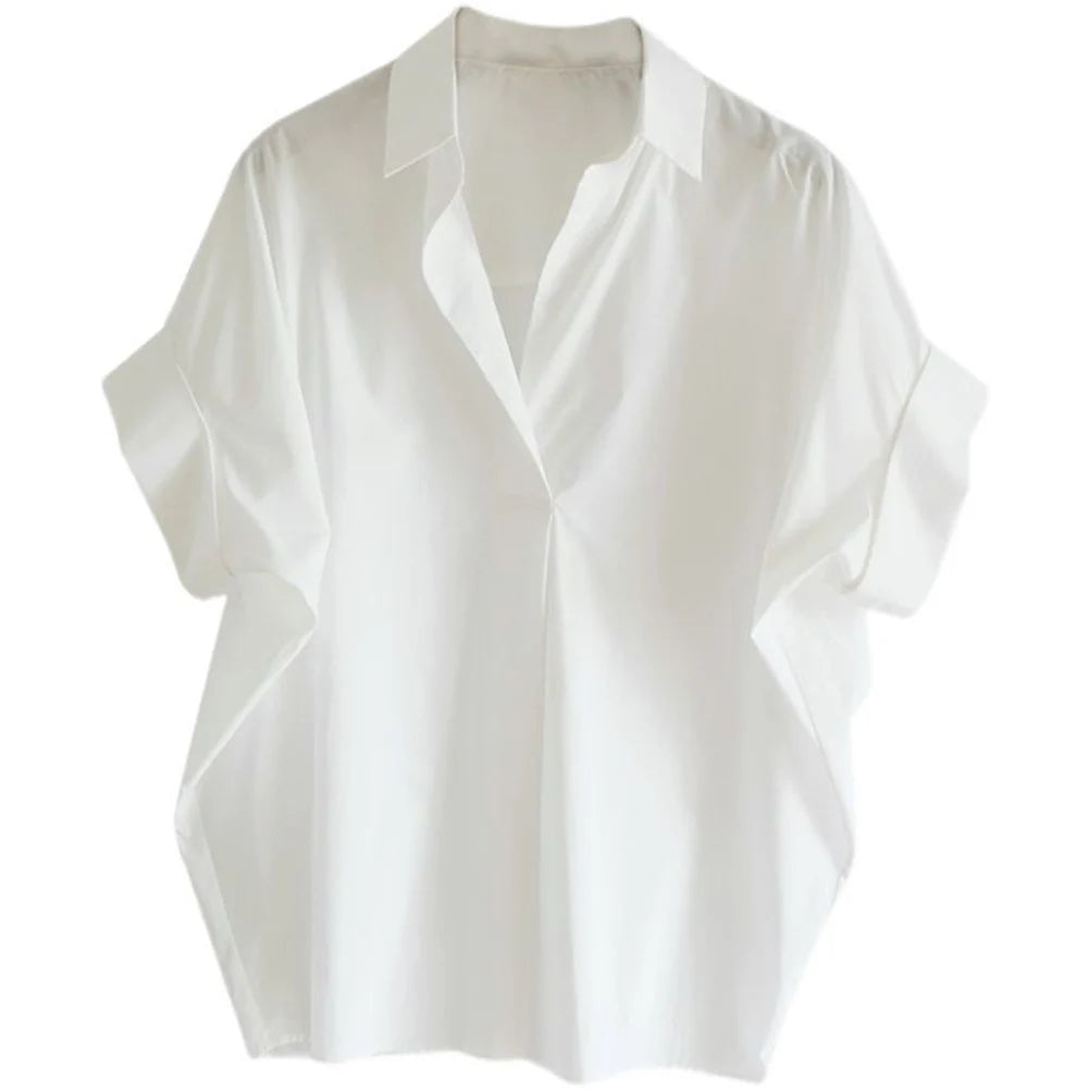 Women's Clothing Thin Blouses Shoulder Drop Loose Turn-down Collar Solid Shirt Button Simplicity-Office Lady Casual Elegant