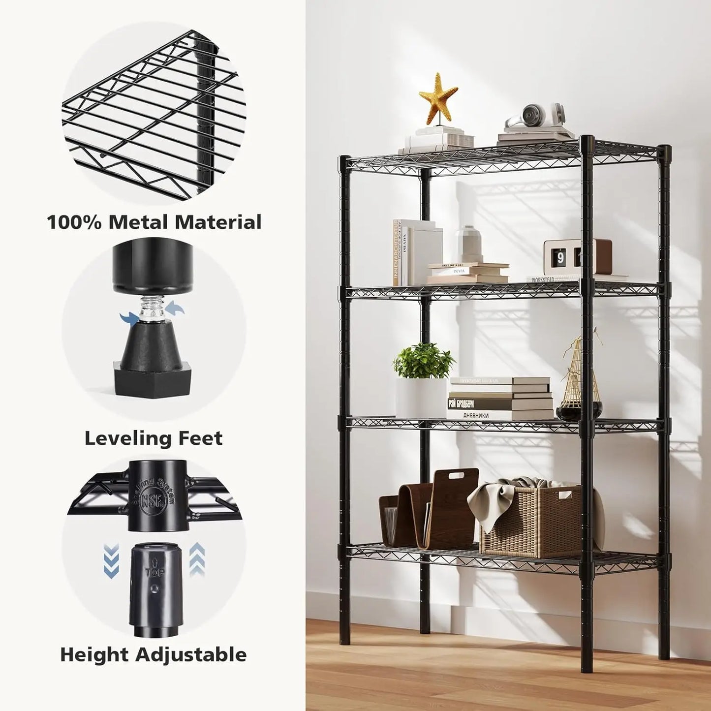 4 Tier Metal Wire Rack Shelf Heavy Duty Standing Shelves Adjustable Steel Closet Shelving Unit Organizers and Storage