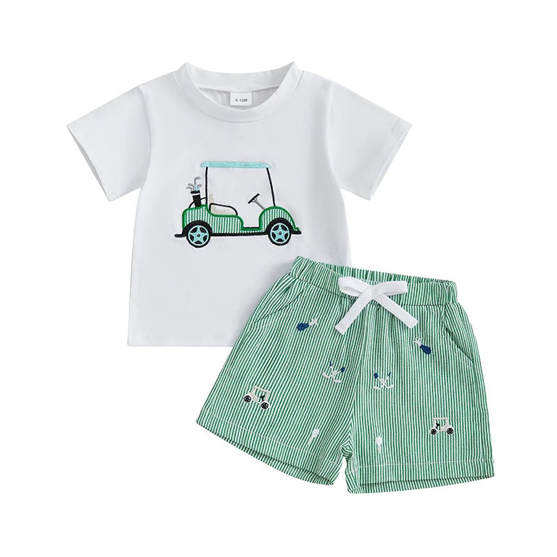 Lioraitiin Kids Boys Shorts Set Short Sleeve Embroidery Golf Cart T-shirt with Striped Shorts Toddler Set Summer Outfit