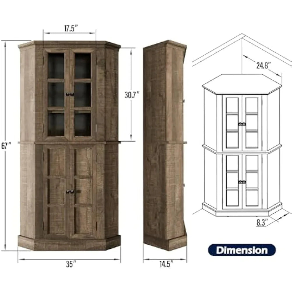 Corner Storage Cabinet, 67" Kitchen Corner Cabinet with Glass Doors, Farmhouse Tall Corner Display Cabinet with Adjustable Shelv