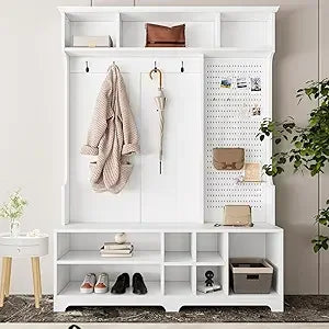 Hall Tree with Bench And Shoe Storage,6-In-1 Hall Tree with Coat Rack And Drawer,Entryway Hall Tree with 4 Hooks And Removable C