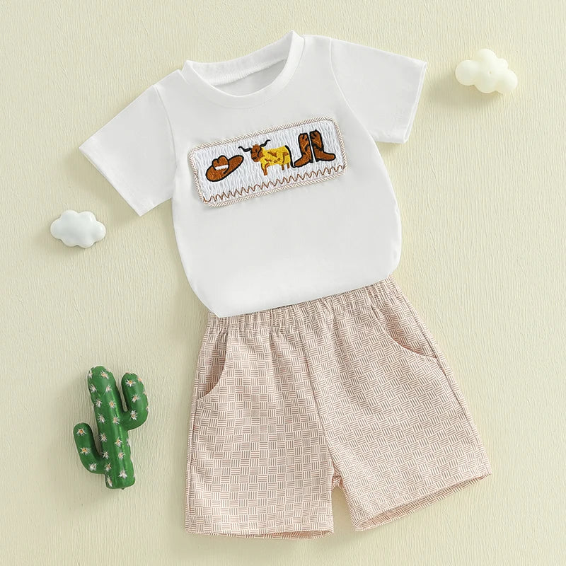 2025-02-19 Lioraitiin Toddler Baby Boy Western Outfit Cattle Short Sleeve Tops Printed Elastic Waist Shorts Summer Set