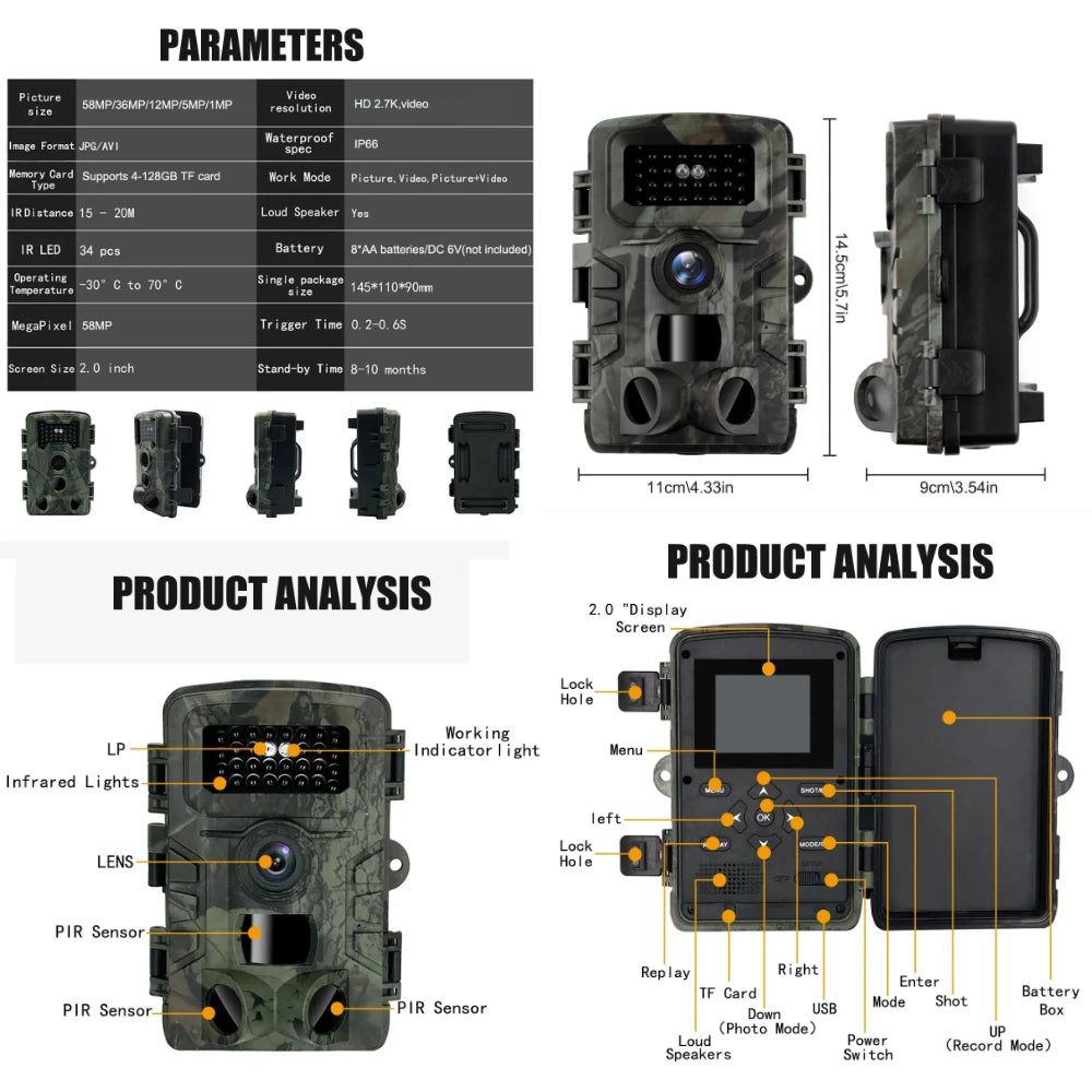 Hunting Trail Camera 58MP IP66 PR700 HD Game Night Vision Motion Activated Trigger Security Cameras Outdoor Wildlife Photo Traps