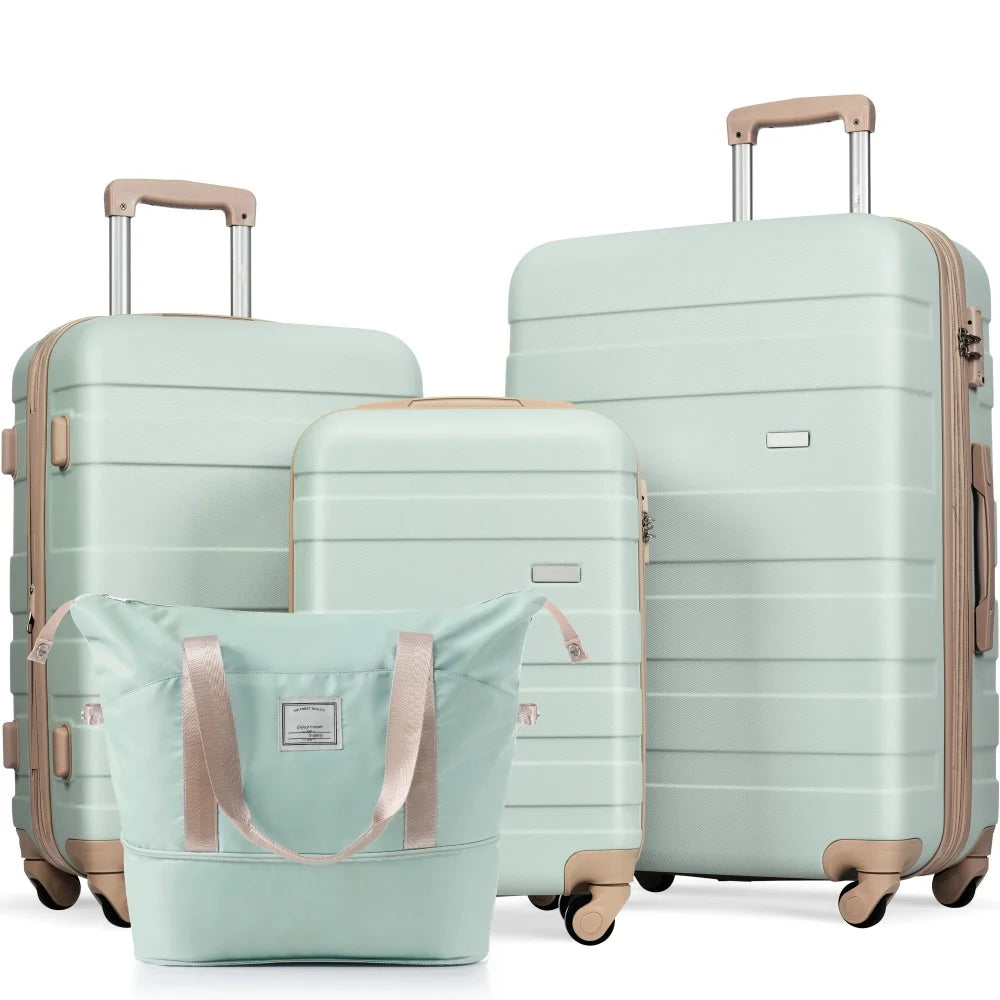 Luggage Sets 4 Piece, ABS Durable Suitcase with Travel Bag, Carry On Luggage Suitcase Set with 360° Spinner Wheels, pink