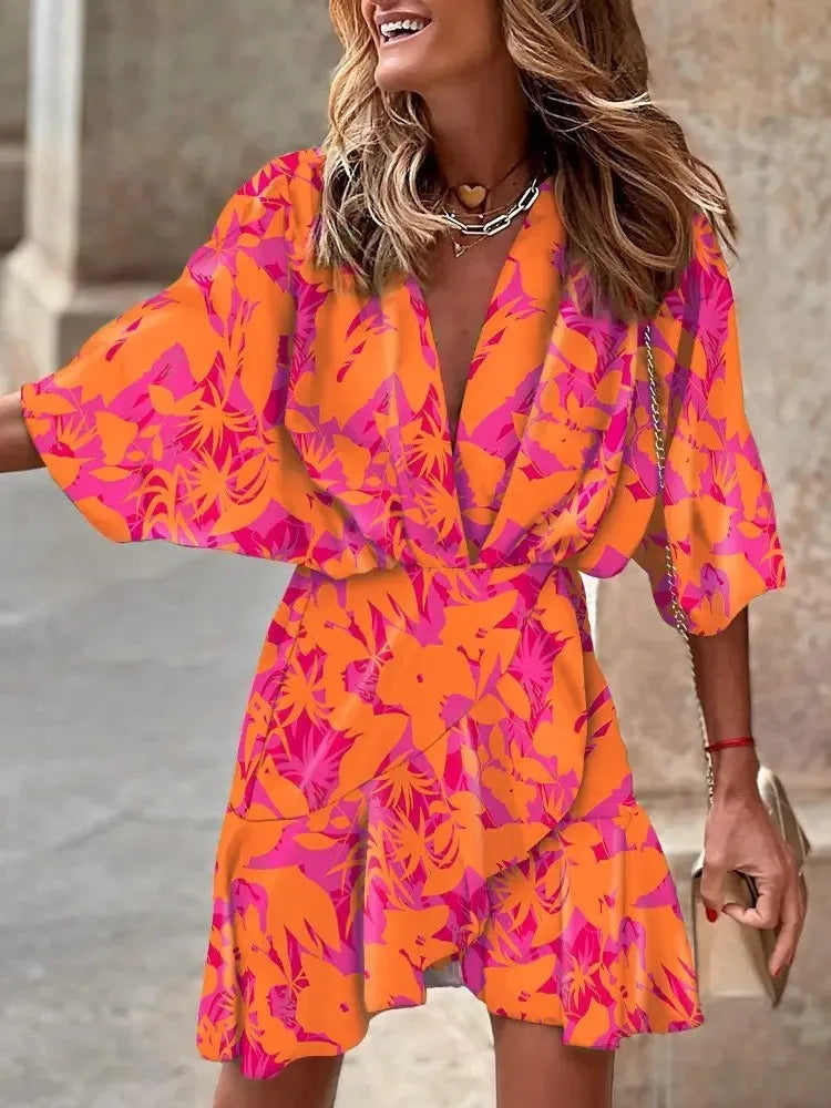 Spring Summer Women's Clothing New Sexy V-neck Fashionable Seven Inch Bat Sleeve Irregular Hem Dress Women's Clothing