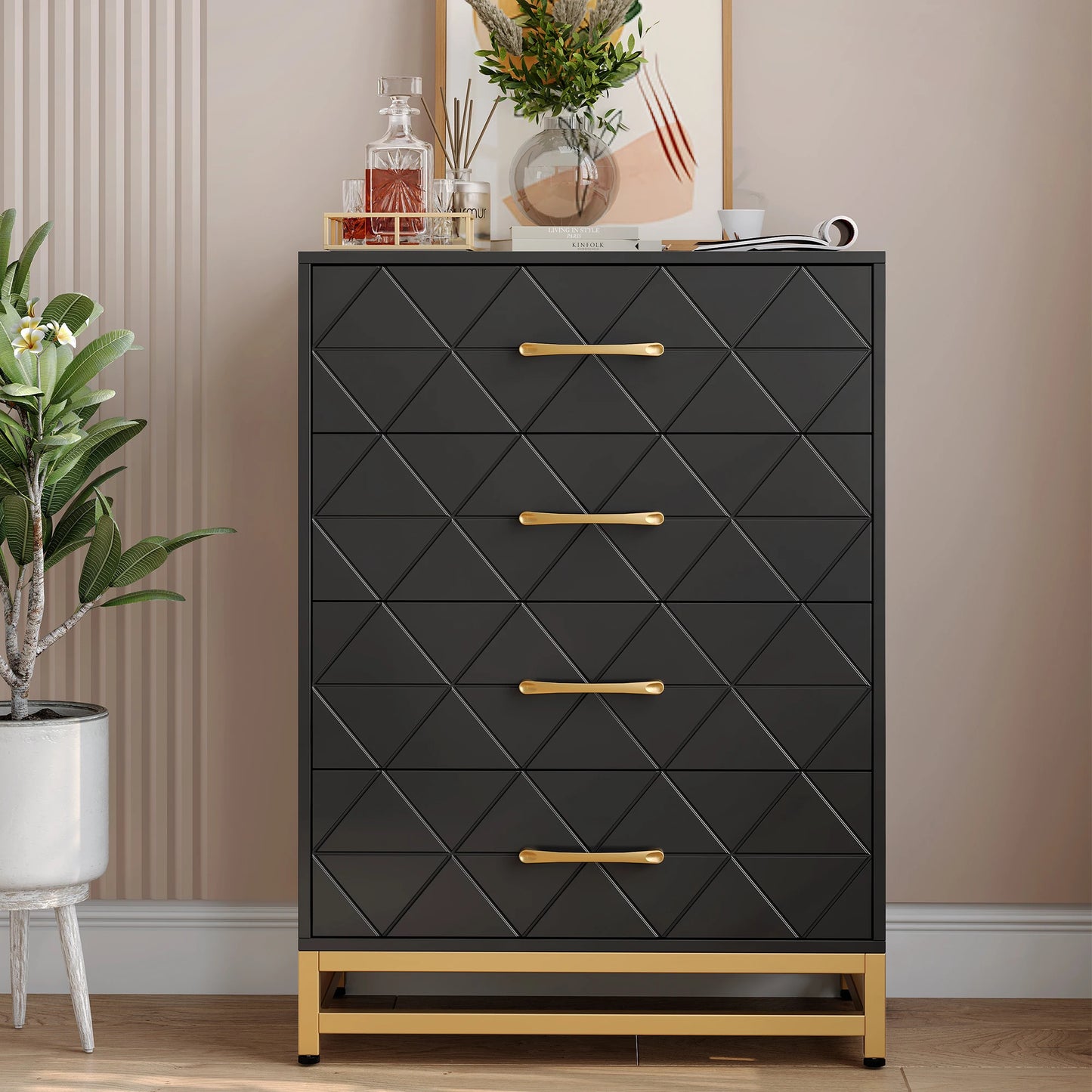 4 Drawer Dresser for Bedroom, Wood Dresser Chest of Drawers with Wide Drawers and Gold Handles, Storage Organizer Unit