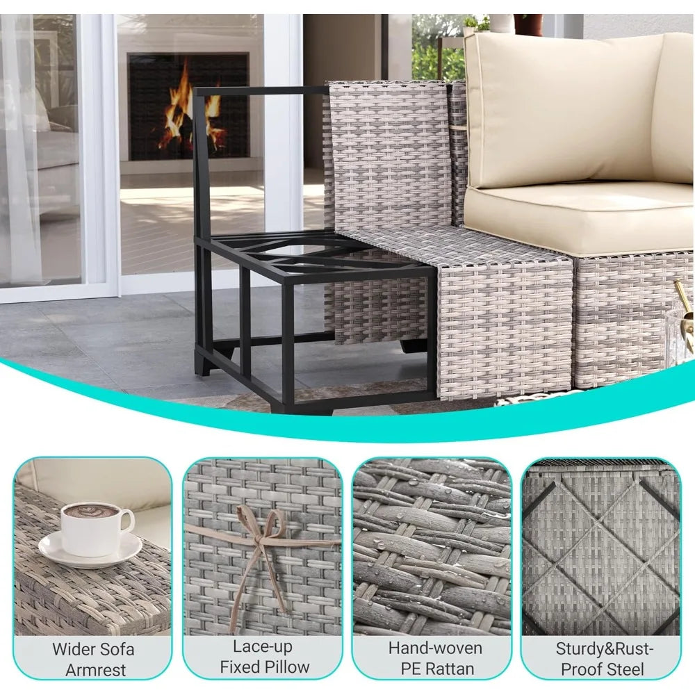 6-Piece Outdoor Patio Furniture Set Wicker Sectional Sofa Set, Patio Conversation Set with Thickened Cushions & Coffee Table