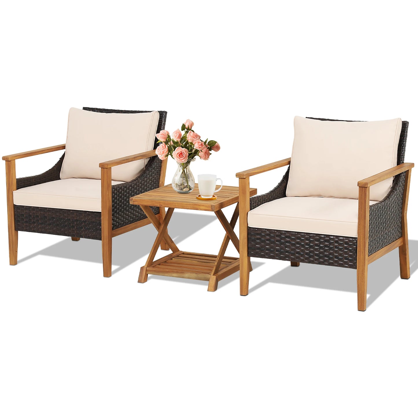 3PCS Patio Wicker Furniture Set Cushioned Armchairs with 2-Tier Side Table Balcony