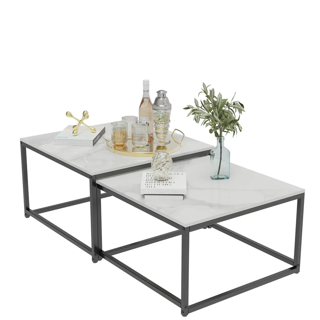 LUVODI Rectangle White Nesting Coffee Table Set Living Room Black Stack-able Accent Tables with Marble Tabletop