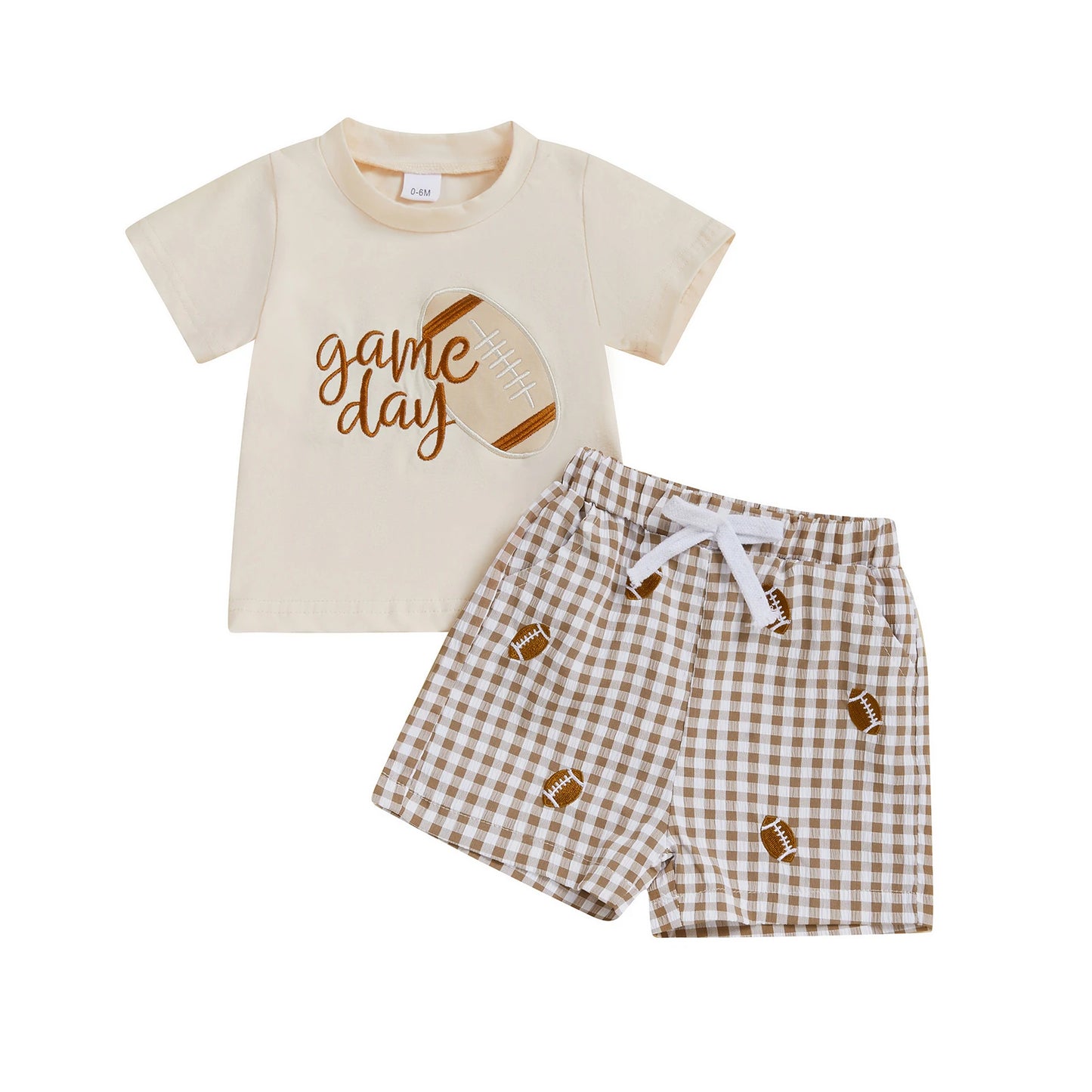 Summer Toddler Baby Football Outfit Loose Fit Letter Print Short Sleeve T-Shirt with Plaid Shorts 2 Pcs Set