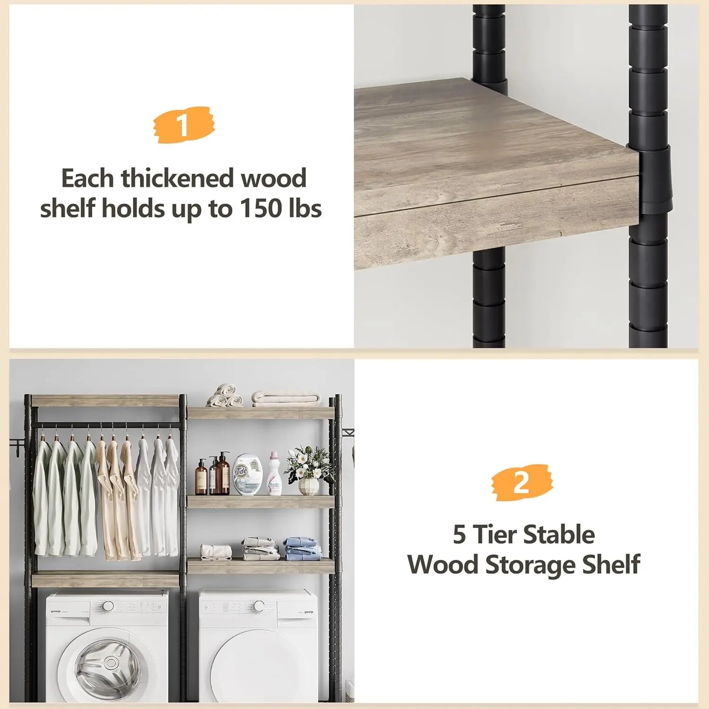 5-Tier Wood Over The Washer and Dryer Storage Shelf-Laundry Room Organization Space Saving Laundry Drying Clothes Racks For Home