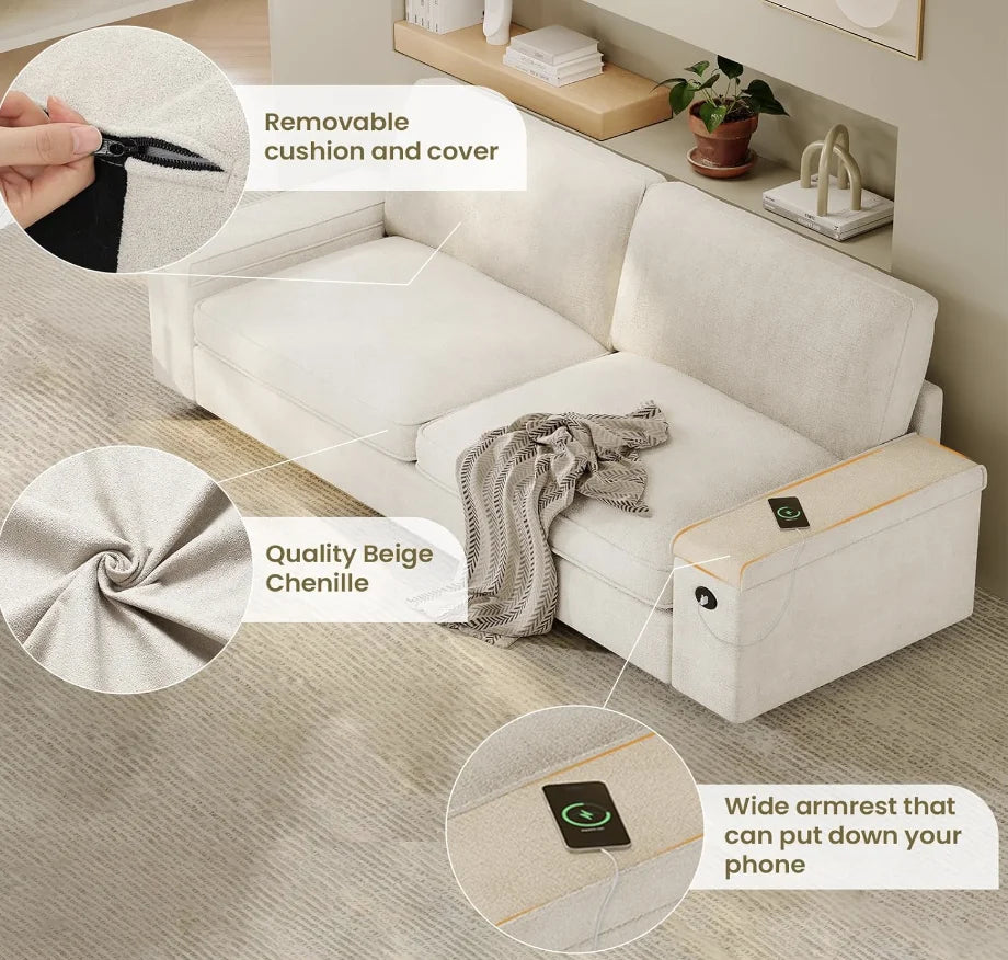 Modern Sofas Couches for Living Room, Comfy Couch with Extra Deep Seats, Oversized Loveseat Sofa with Storage and 2 USB Chargin