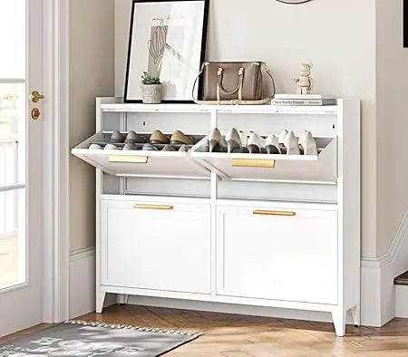 Narrow Shoe Cabinet with 4 Flip Drawers, Metal Slim Shoe Storage Cabinet for Entryway, Freestanding Hidden Shoe Rack Organizer