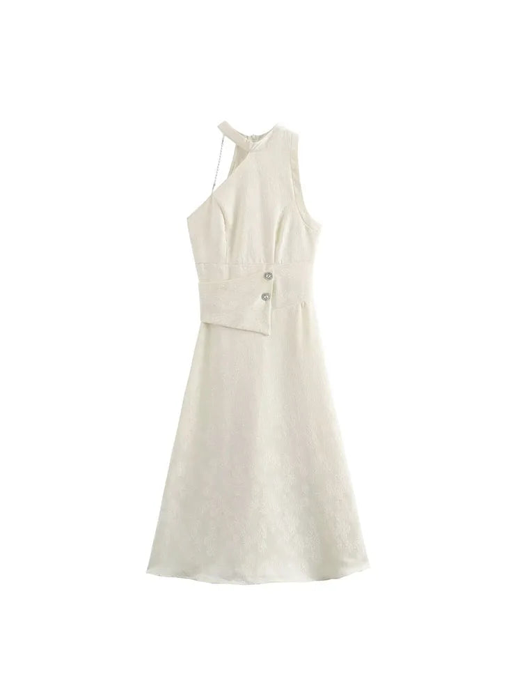 Women's clothing 2024 new fashion French simple elegant new Chinese irregular beaded halter neck dress