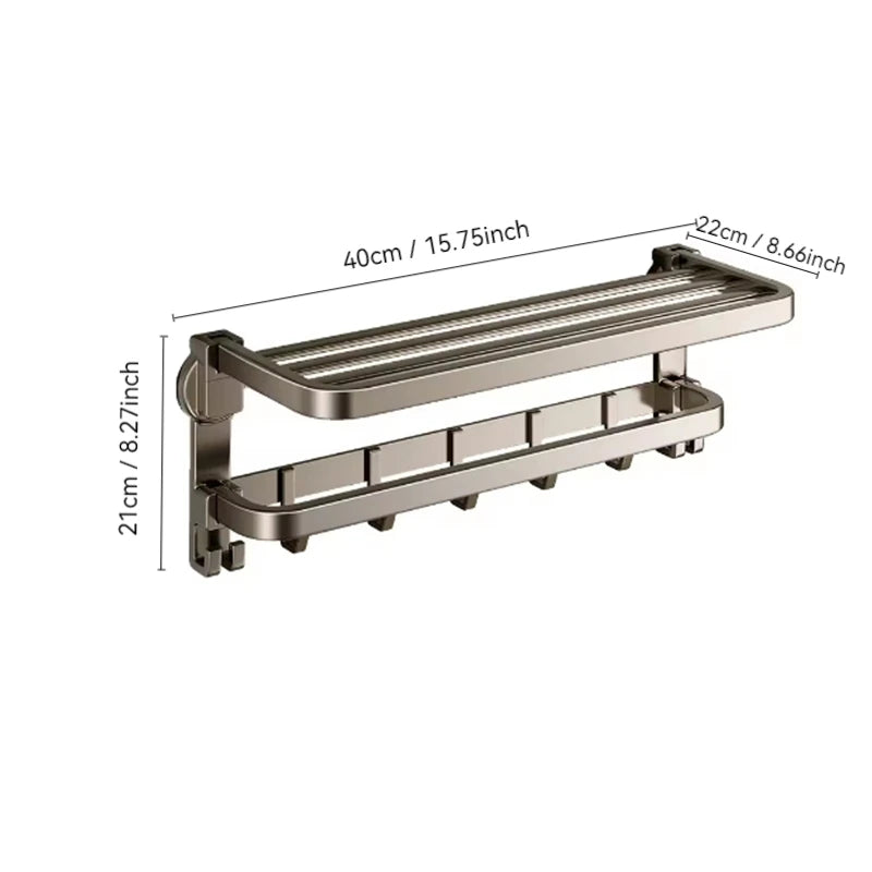 Bathroom Suction Cup Towel Rack, Wall Mounted Foldable Storage Rack, Non Perforated Aluminum Alloy Storage Bracket with Hooks