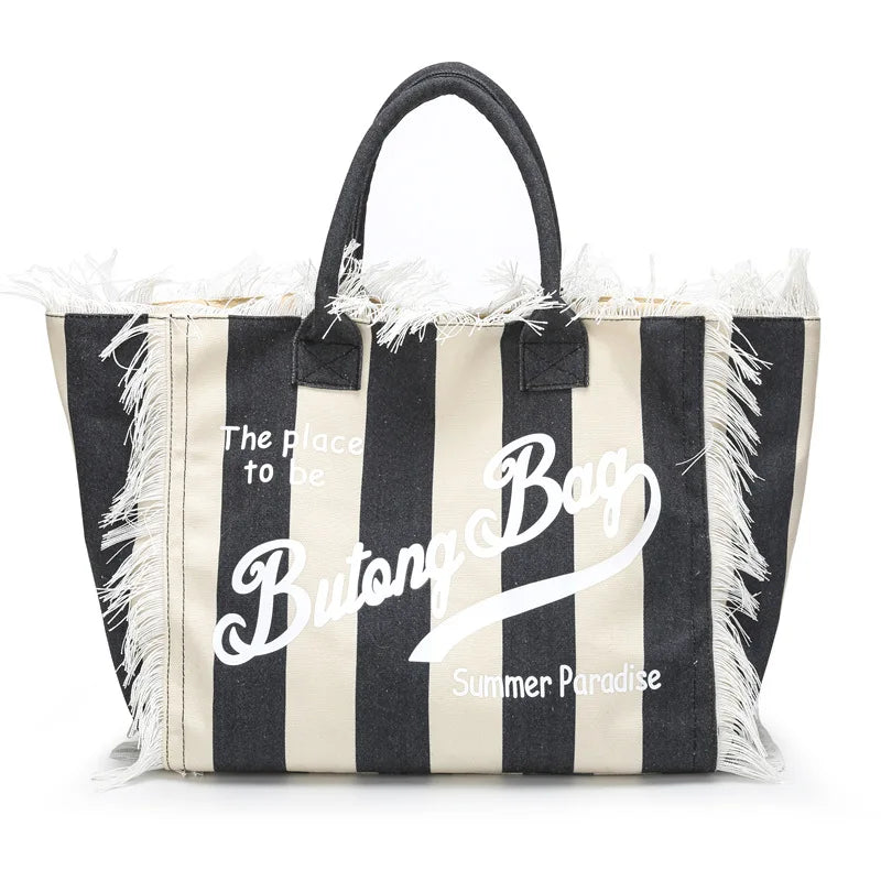 Tassel Tote Bag Handbags Womens Bags for Women Canvas Bag Large Capacity Leisure Travel Striped Grid Handmade Tassel Handbag