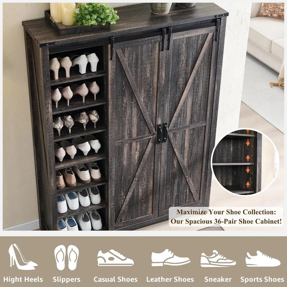 Shoe Cabinet with 2 Sliding Door, 6-Tier Adjustable Shelves, Farmhouse Shoe Organizer for Entryway, Living Room, 60" Tall Large