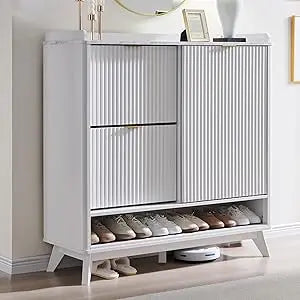 Fluted Shoe Storage Cabinet with 2 Flip Drawers & Sliding Door, 4-Tier Adjustable Shelves, 47" Wide Freestanding Shoe Organizer
