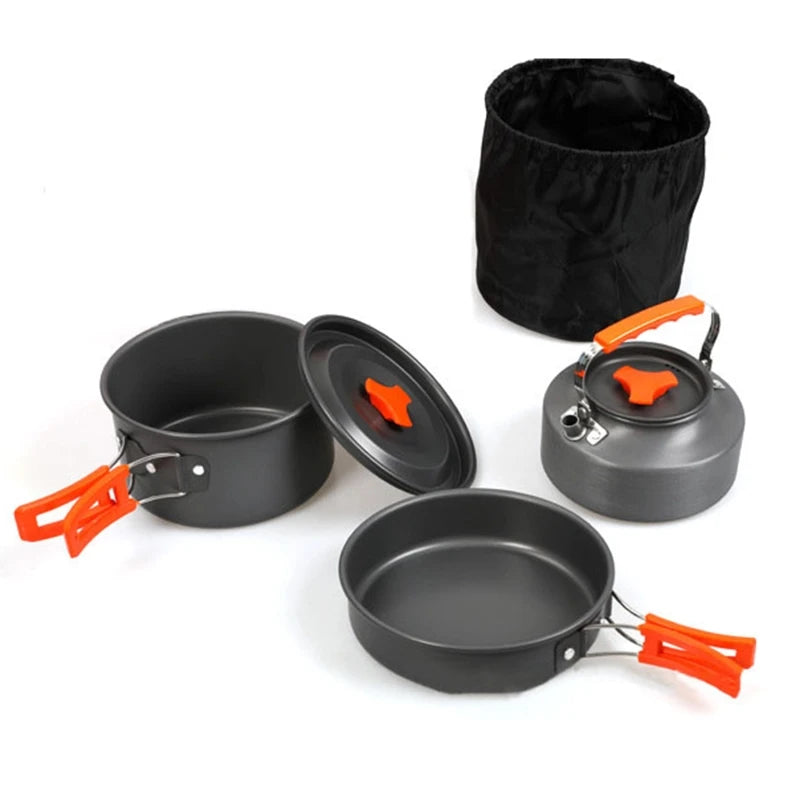 Outdoor Camping Cookware Set Pot Fry Pan Teapot Kettle with Storage Bag Utensils