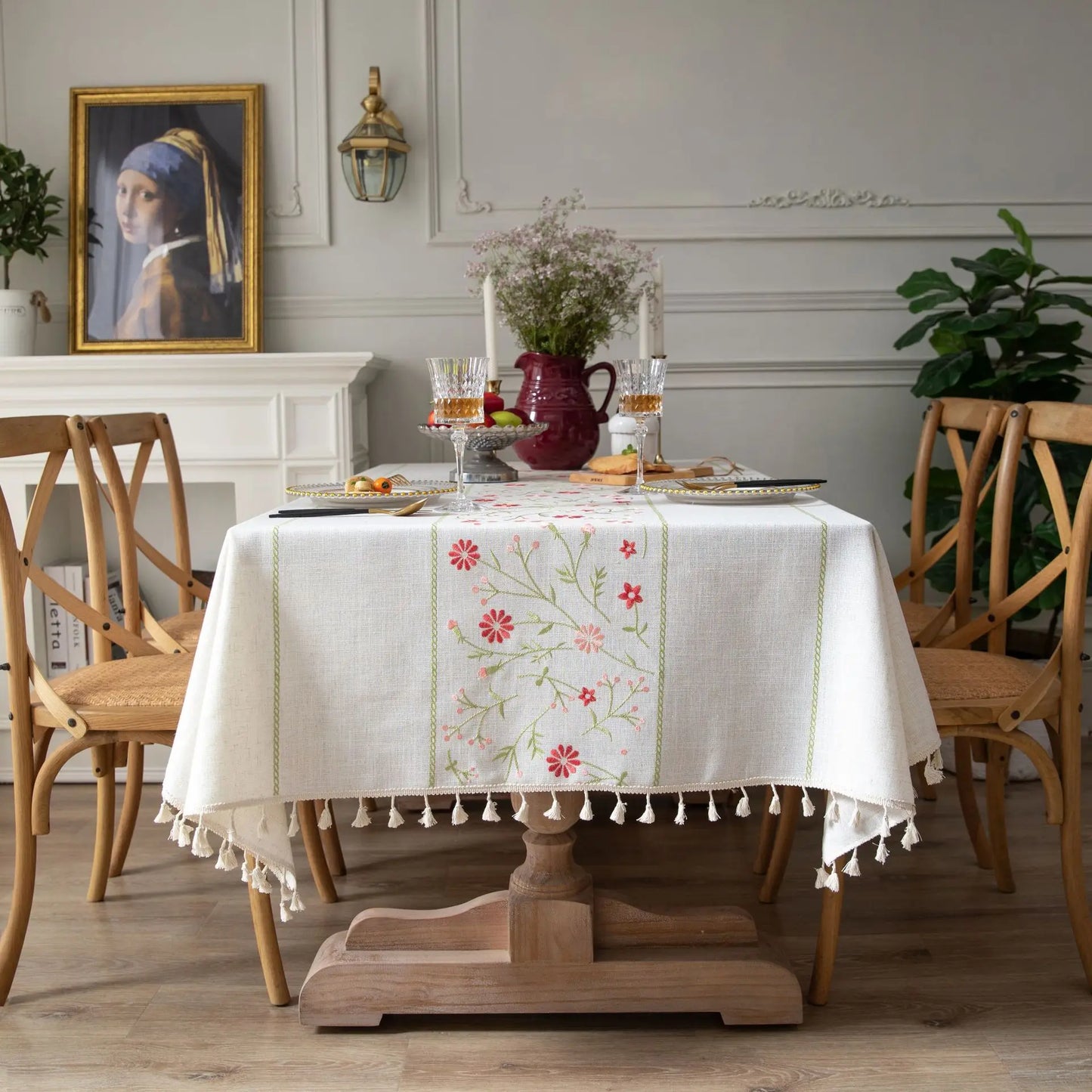 Embroidered Floral Pattern Tablecloth for Dining Table,Dust Proof Spillproof Soil Resistant Cotton Linen Rectangle Table Cover