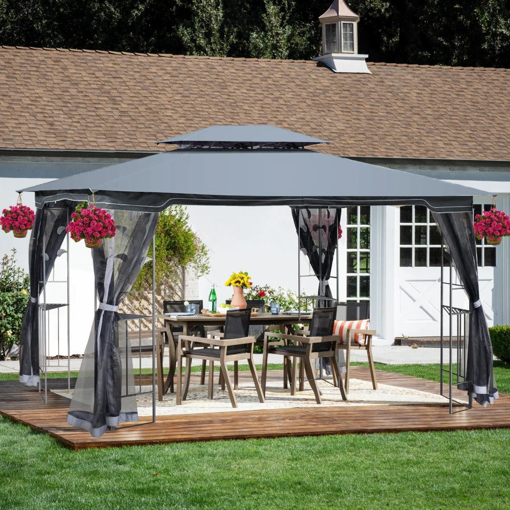 Large Space Outdoor Patio Canopy Tent Gray Top Ventilated Double Roof Mosquito Net Detachable Mesh Screen Lawn Garden Backyard