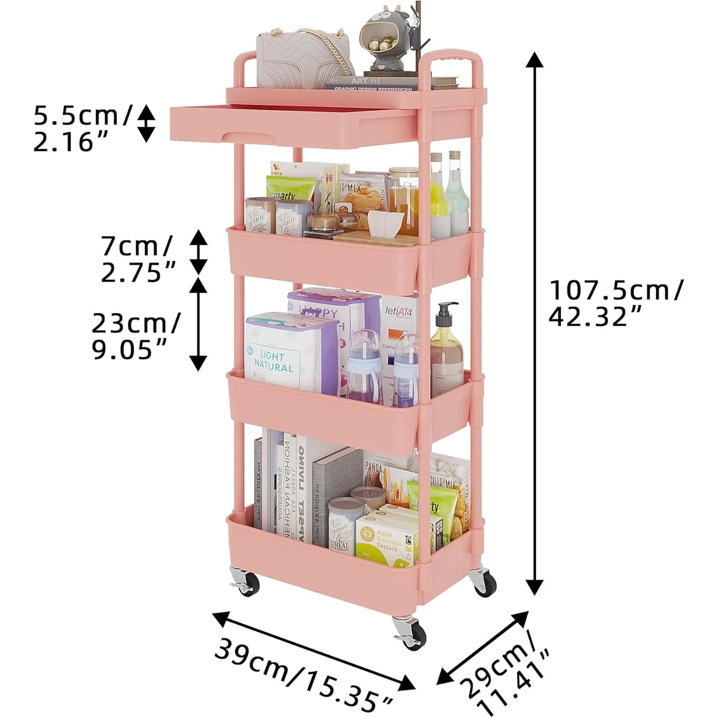 4-Tier Rolling Utility Cart with Drawer,Multifunctional Storage Organizer with Plastic Shelf & Metal Wheel,Storage Cart,Pink