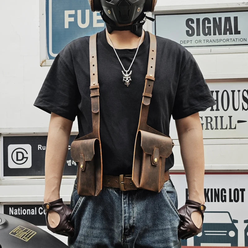 Genuine Leather Sling Holster Bag Invisible Anti-theft Jacket Vest Motorcycle Style Halloween Role Playing Festival Bag Unisex