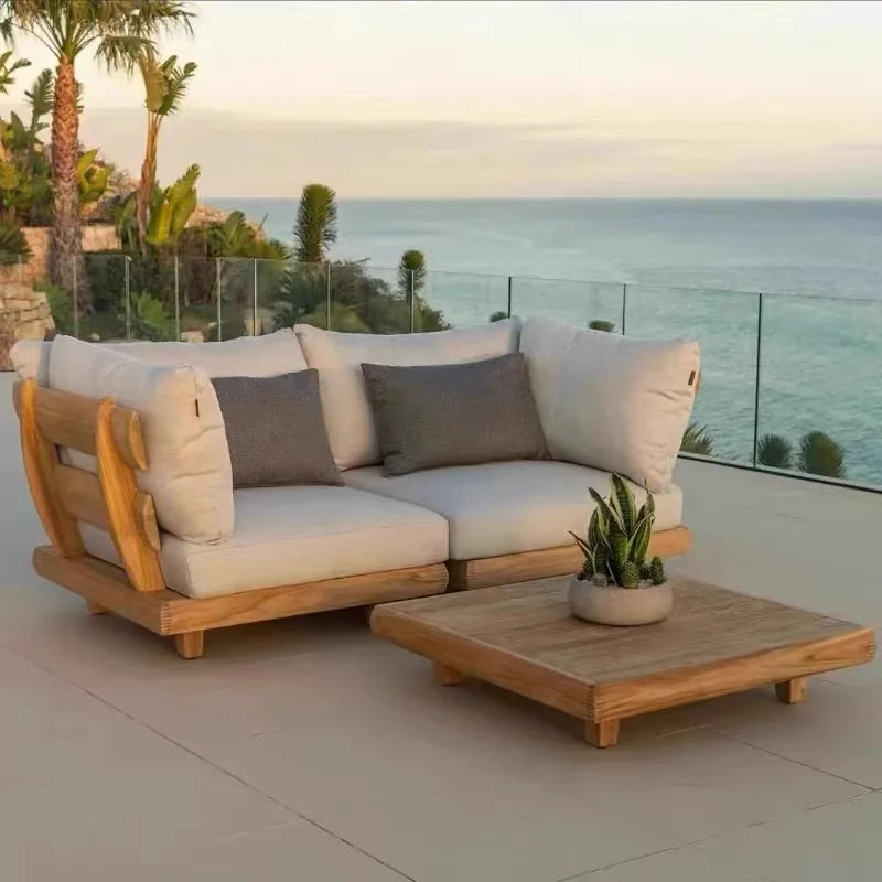 Outdoor Sofa, Full Teak Furniture Set, Rain and Sun Protection, Suitable for Gardens, Villas and Outdoor Swimming Pools
