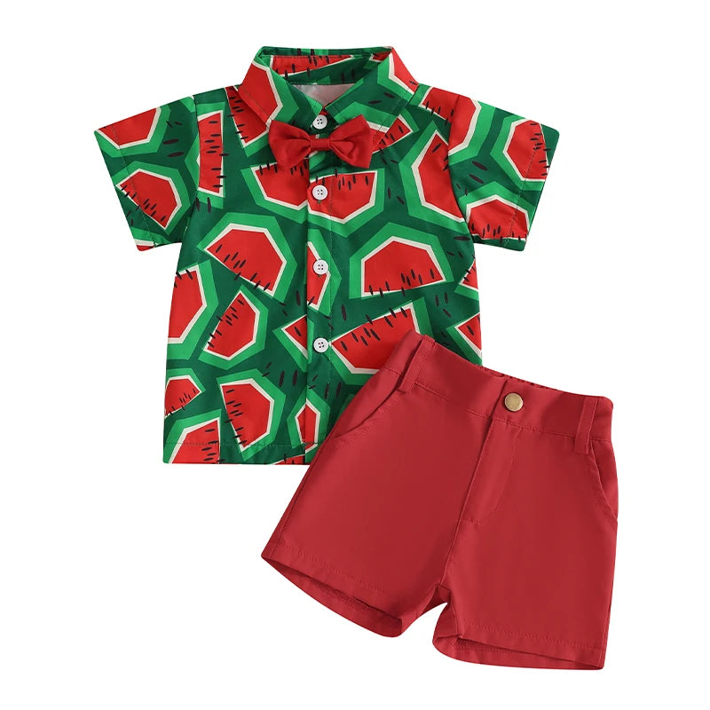 Lioraitiin Toddler Baby Boy Summer Outfits Watermelon Pattern Button Down Turn Down Collar Short Sleeve Shirt with Shorts Set