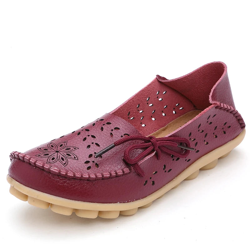 Genuine Leather Women Flats Fashion Casual Women Shoes Hollow Women's Shoes Slip On Flat Shoes Ballerina Plus Size Zapatos Mujer