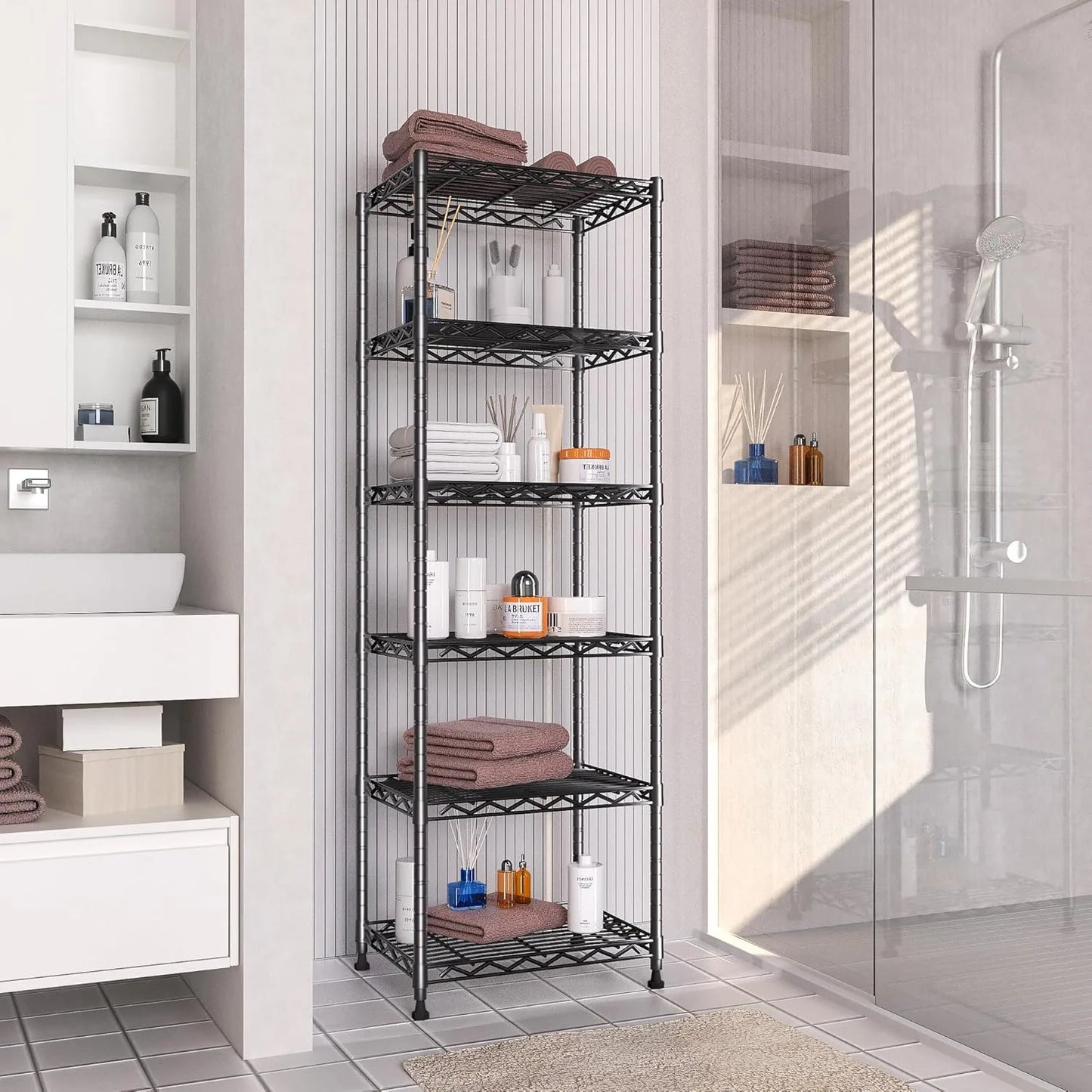 6-Tier Storage Shelves Standing Shelving Metal Units, Adjustable Height Wire Shelf Display Rack for Pantry Laundry Bathroom