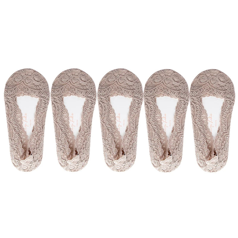 5 Pairs/Lot Socks Women's Ankle Short No-Show Invisible Foot Summer Thin Cotton Set White Low Cut Boat Lace Silicone Non-Slip