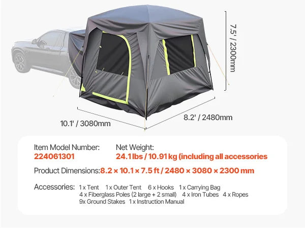VEVOR SUV Tent for Camping Waterproof PU2000mm Spacious Double Layer Design SUV Camping Tent with Shade Awning and Mesh Windows